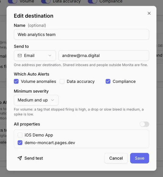 Editing an Auto Alert destination