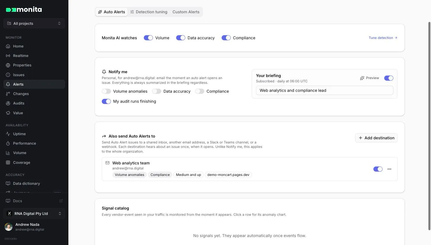Auto Alerts tab with Notify me and an Auto Alert destination