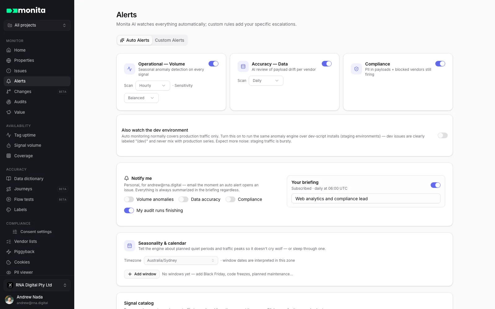 Alerts — automatic engines plus your own rules
