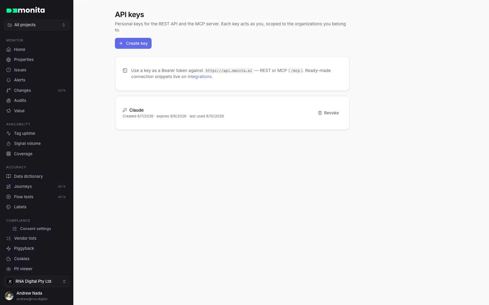 Settings → API keys