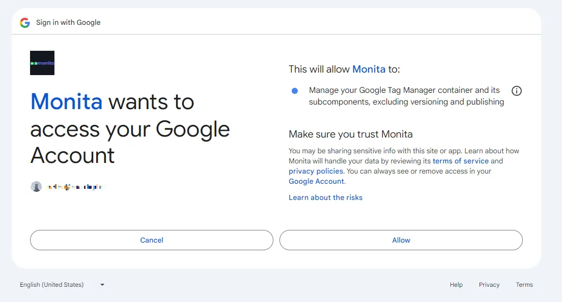 Google consent screen confirming Tag Manager permissions