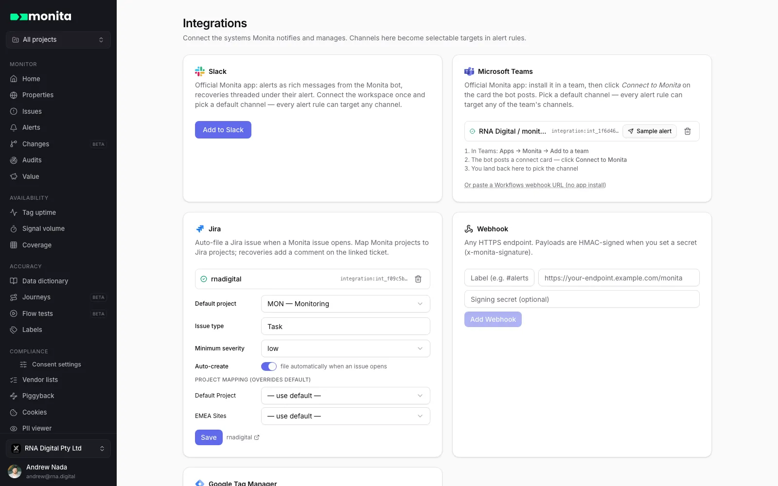 The Integrations page in Monita