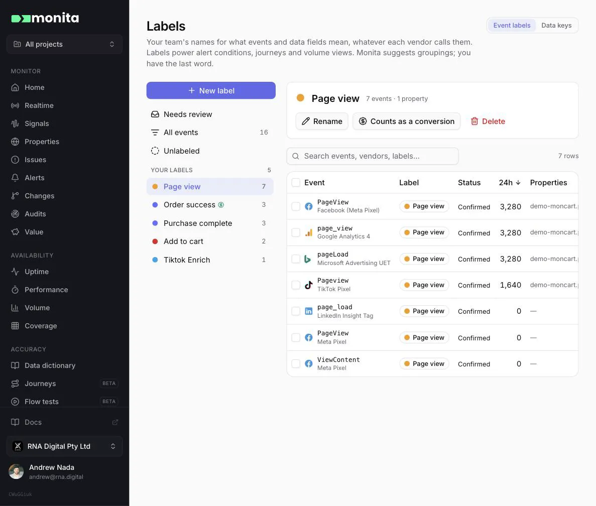 The Labels page with a label selected: its events, and rename, conversion and delete