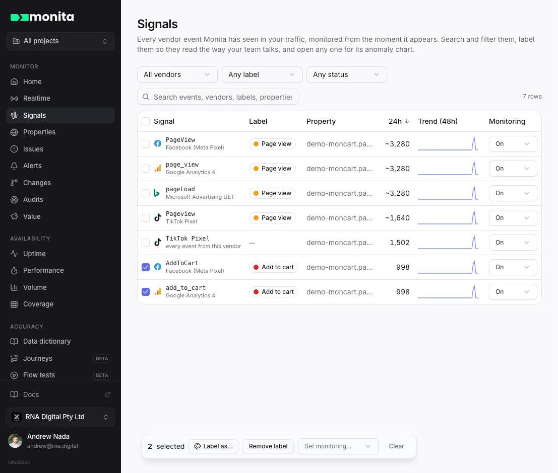 The Signals page with two events selected and the selection actions at the bottom